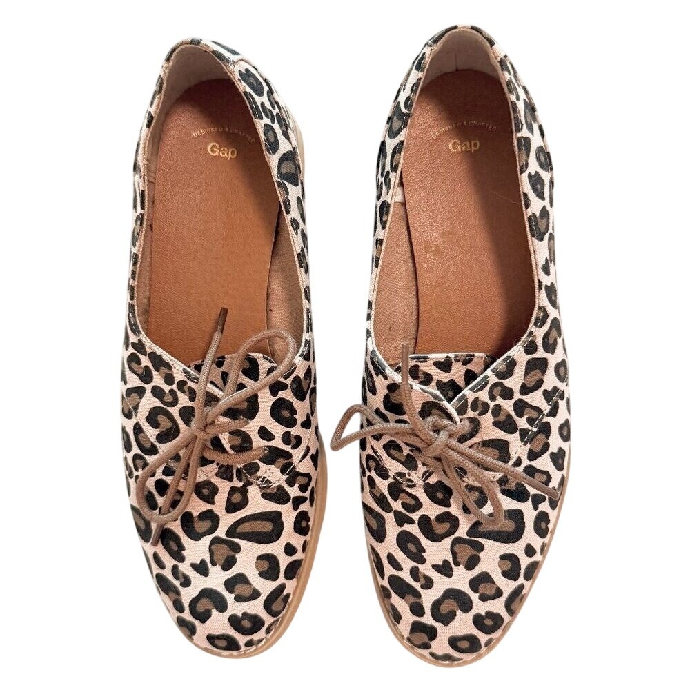 Gap Leopard Print Canvas Oxfords Lace Up Flats Tan Black Animal Print Shoes Sz 8